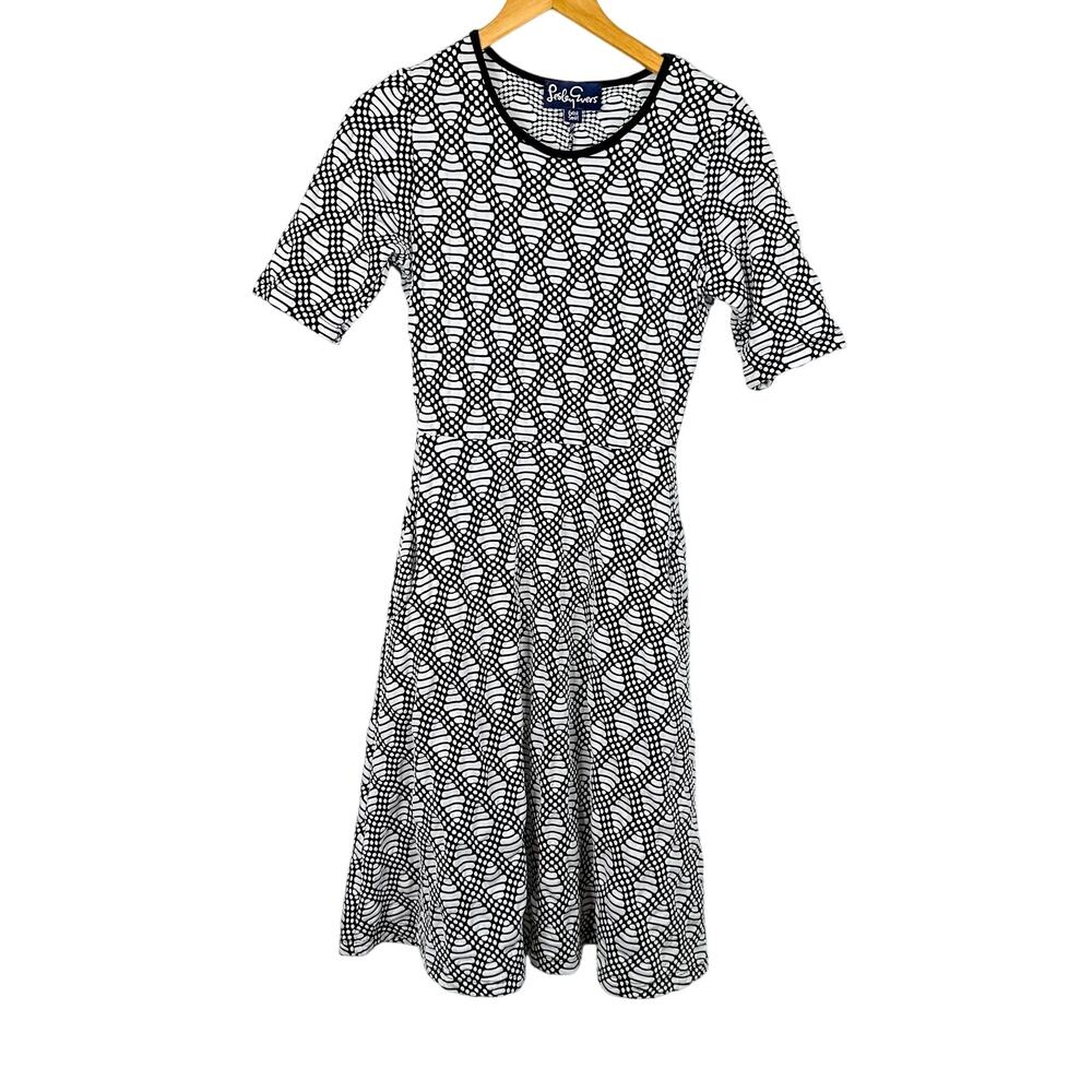 Lesley Evers White & Black Textured Pattern A-Line Half Sleeve Dress